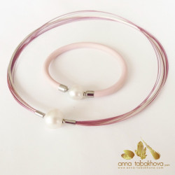 PINK coated nylon and silver plated steel necklace