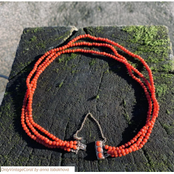 Oxblood Antique coral bead in a 3 strand necklace with vintage 9k rose gold clasp toped with 3 matched coral cabochons