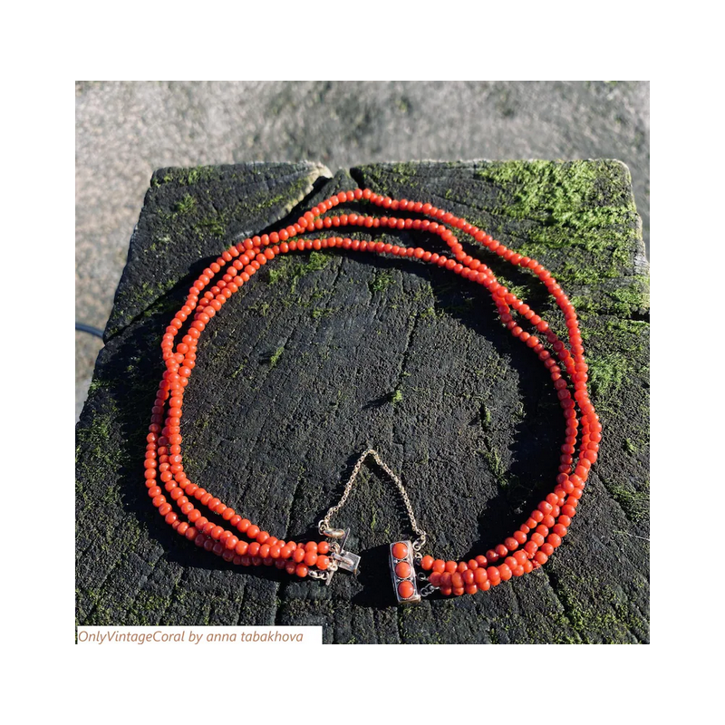 Oxblood Antique coral bead in a 3 strand necklace with vintage 9k rose gold clasp toped with 3 matched coral cabochons