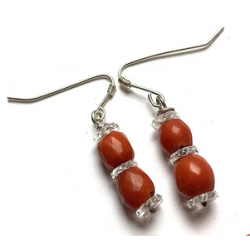 Large size antique faceted coral bead bracelet with heart charm, vintage faceted rock cristal accents for the matched earrings