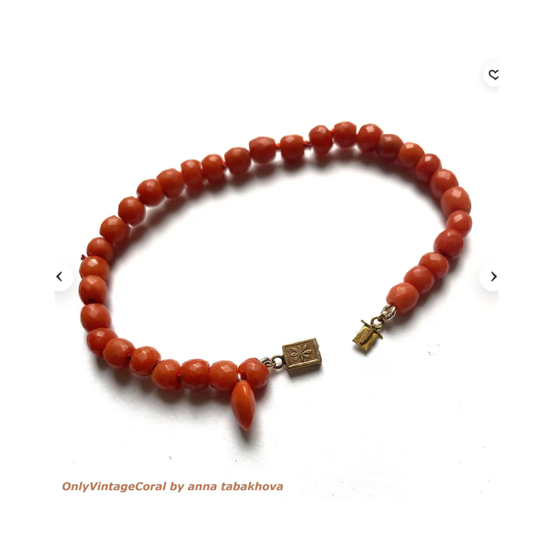 Large size antique faceted coral bead bracelet with heart charm, vintage faceted rock cristal accents for the matched earrings